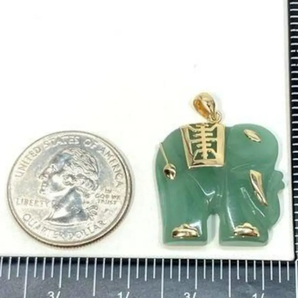 Stamped 14K Yellow Gold Carved Nephrite Jade Elephant Pendant - Picture 7 of 9